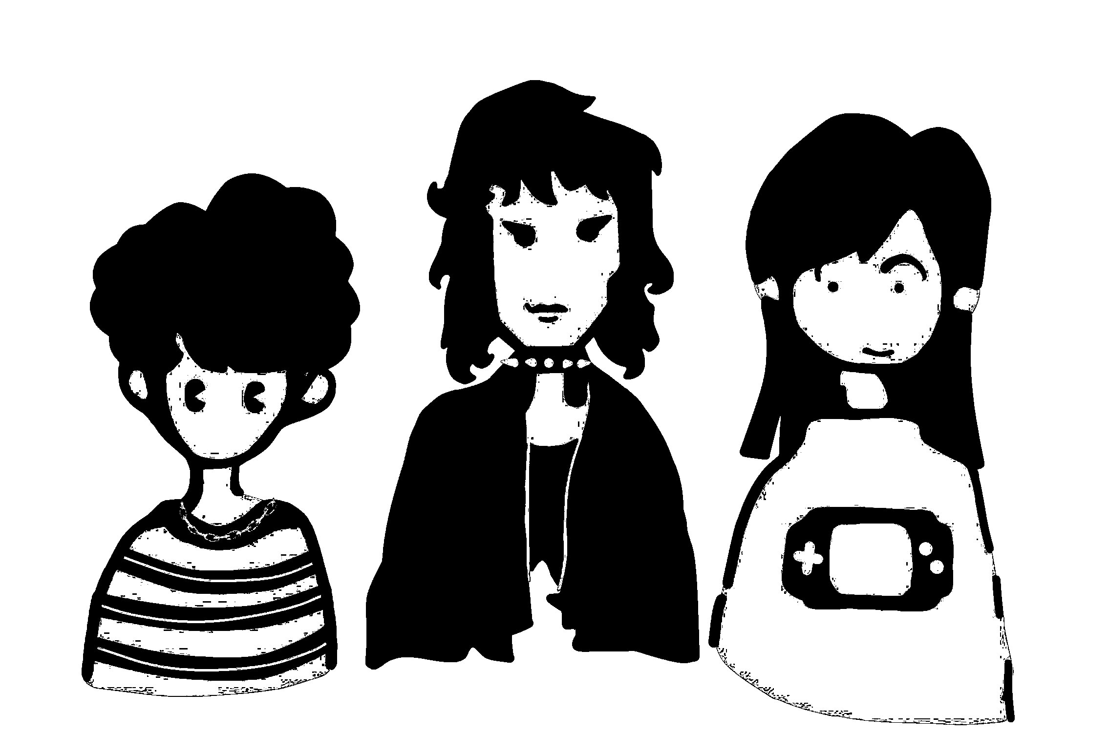 Three illustrated Phodunk band members